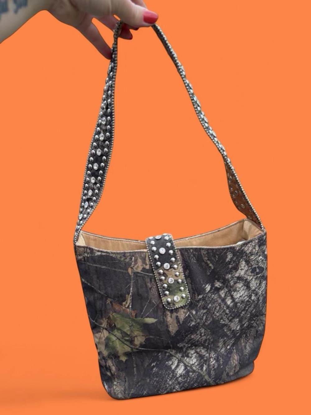 Y2K Studded Camouflage Shoulder Bag - Black/Brown